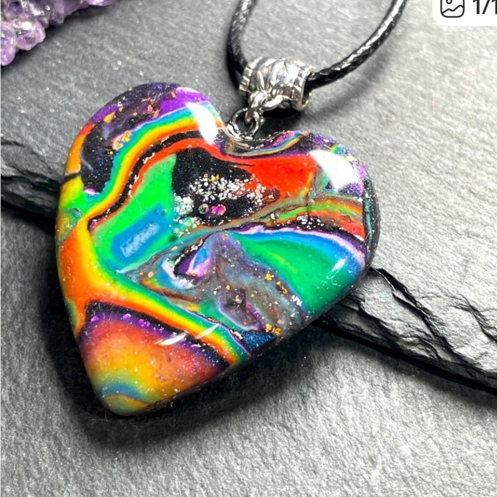 Hand Crafted Lisa Frank Inspired Clay Heart Pendant Necklace